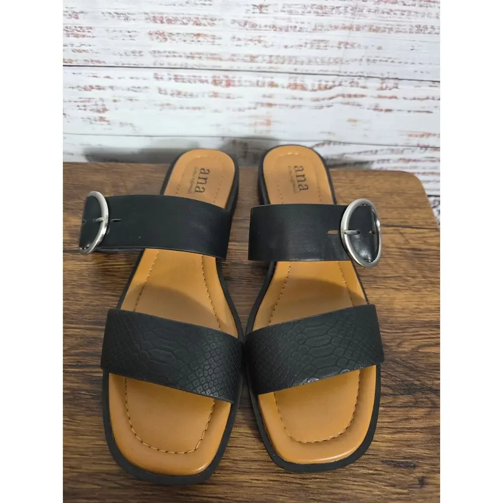 ANA A New Approach Black Strappy Slide Sandals Silver Buckly Women's 8.5